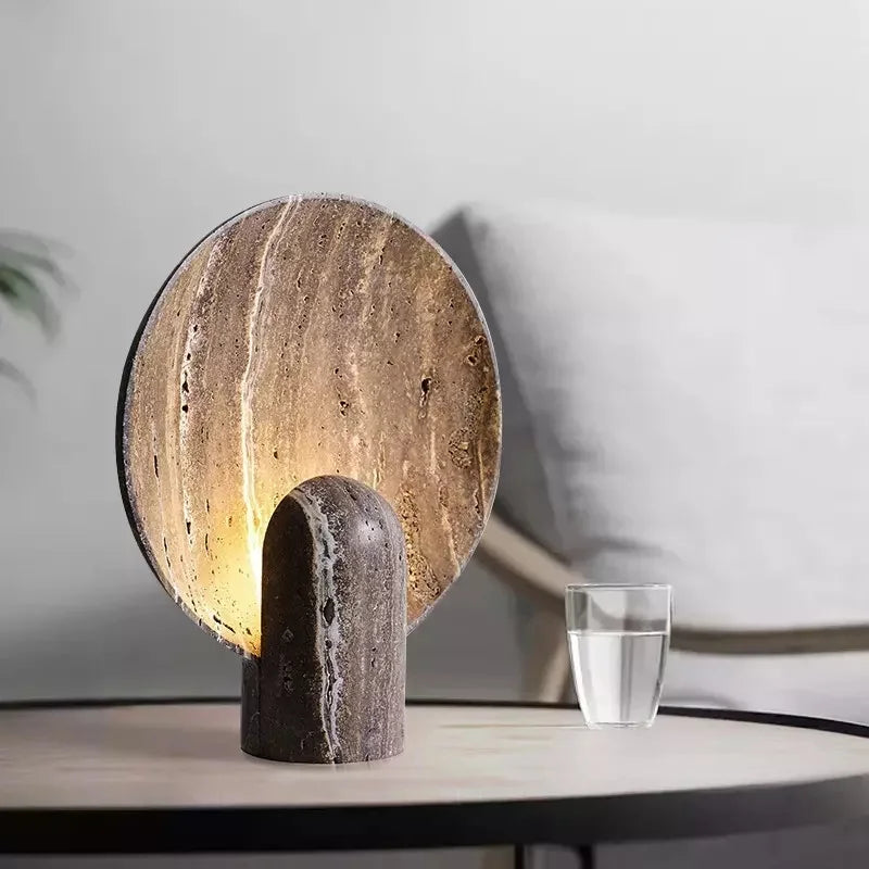 Table Lamp | Faux Travertine & Warm LED | 14 in Height