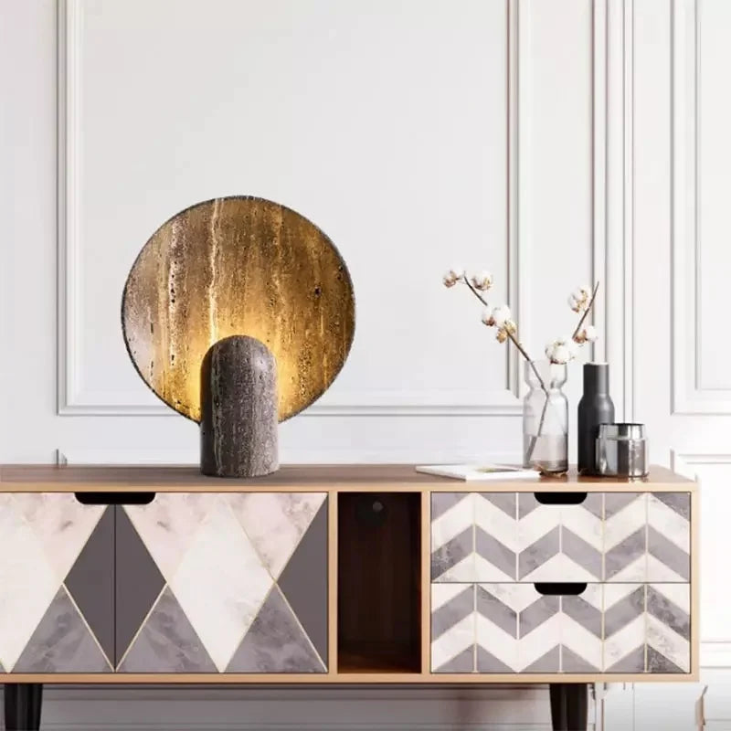 Table Lamp | Faux Travertine & Warm LED | 14 in Height