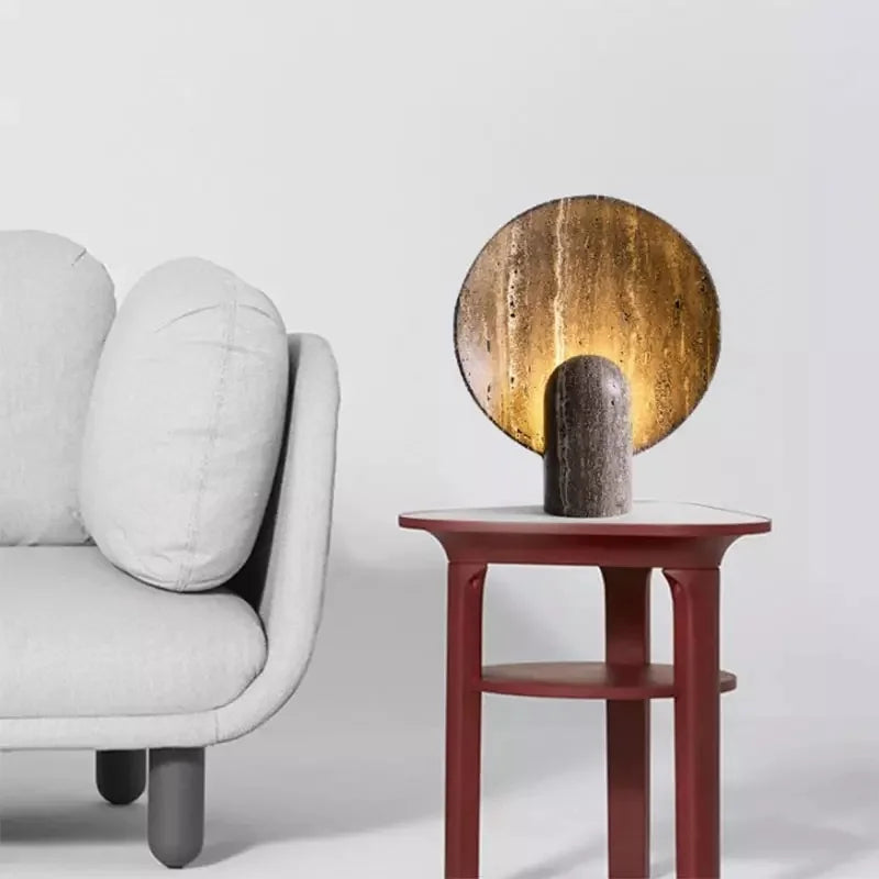 Table Lamp | Faux Travertine & Warm LED | 14 in Height