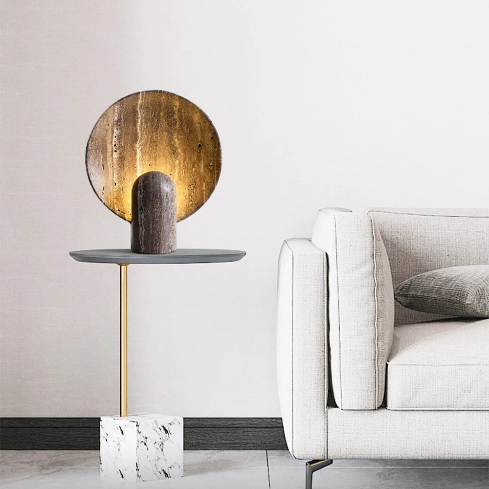 Table Lamp | Faux Travertine & Warm LED | 14 in Height