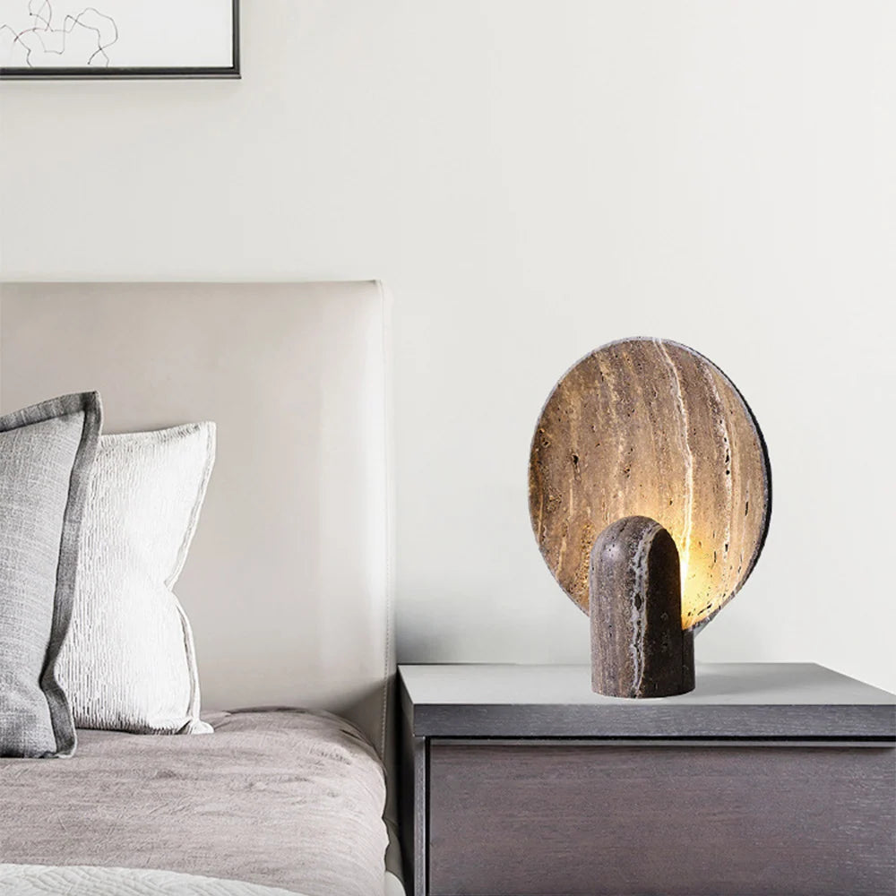 Table Lamp | Faux Travertine & Warm LED | 14 in Height