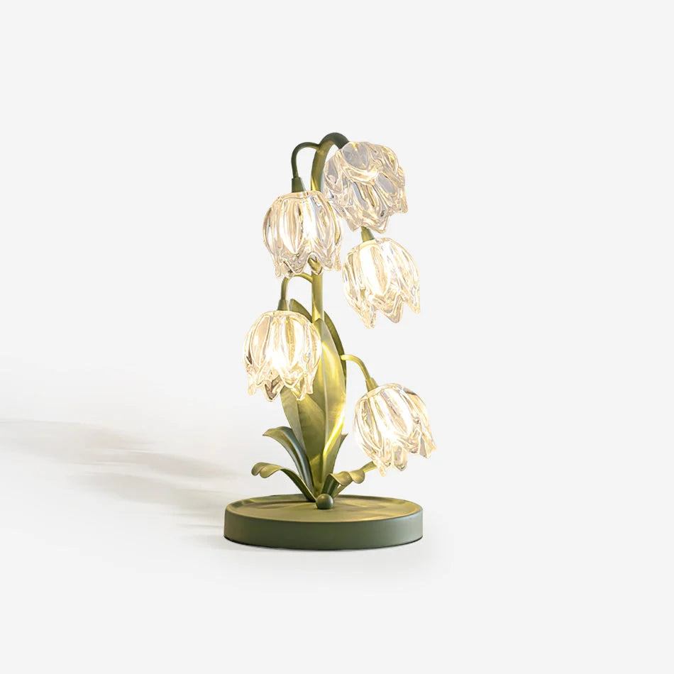 Table Lamp | Floral Glass Petal & Green Metal Stem | 37 cm Height