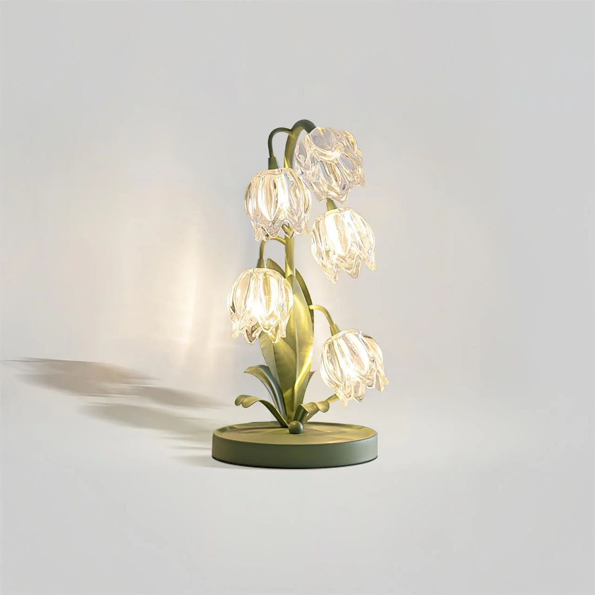 Table Lamp | Floral Glass Petal & Green Metal Stem | 37 cm Height