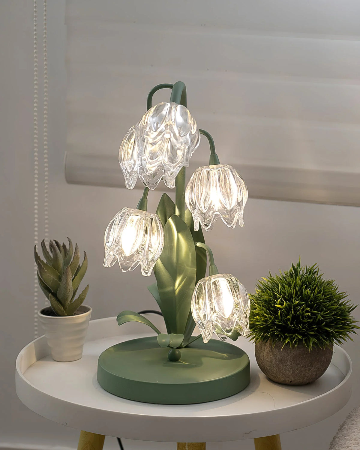 Table Lamp | Floral Glass Petal & Green Metal Stem | 37 cm Height