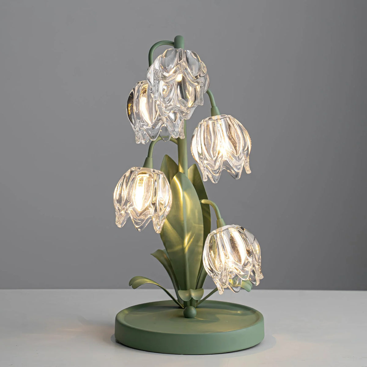 Table Lamp | Floral Glass Petal & Green Metal Stem | 37 cm Height