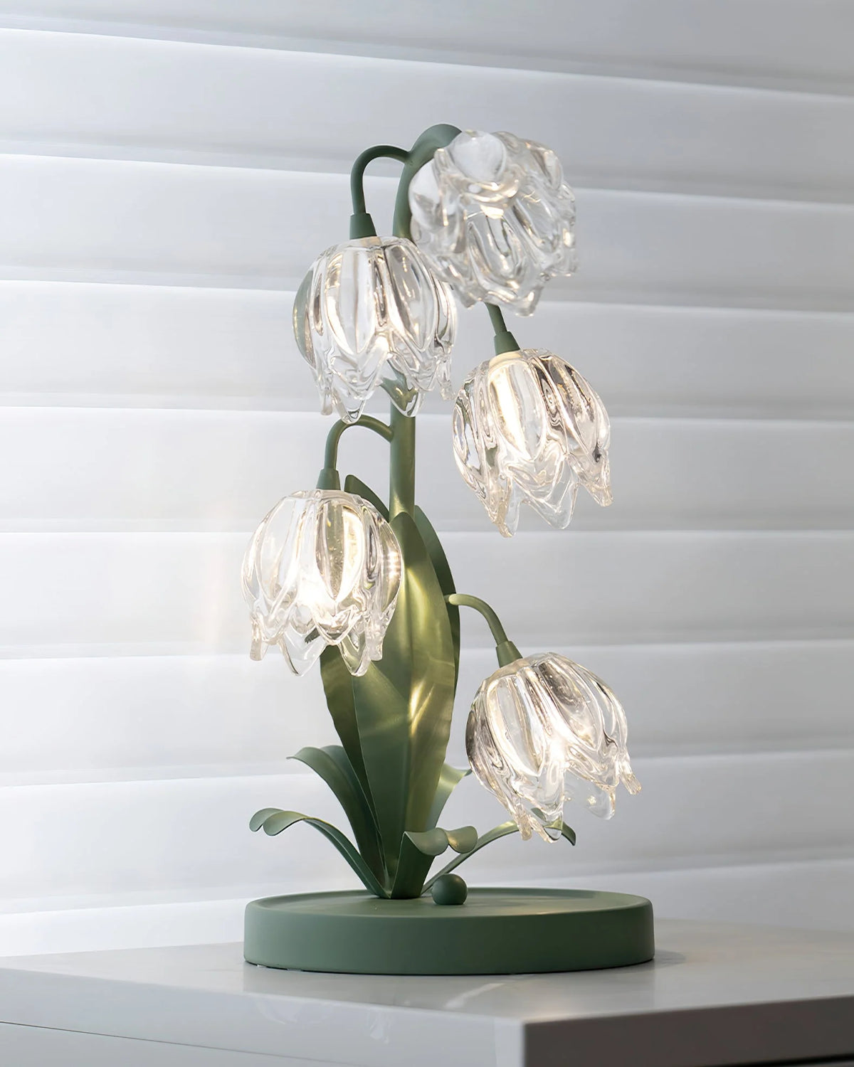 Table Lamp | Floral Glass Petal & Green Metal Stem | 37 cm Height