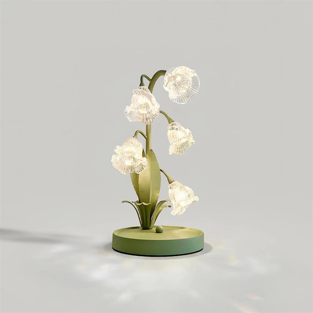 Table Lamp | Floral Glass Petal & Green Metal Stem | 37 cm Height