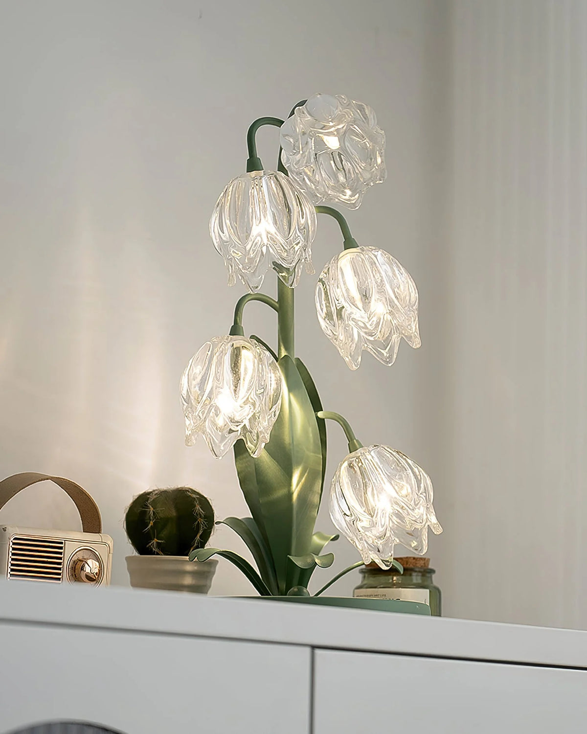 Table Lamp | Floral Glass Petal & Green Metal Stem | 37 cm Height