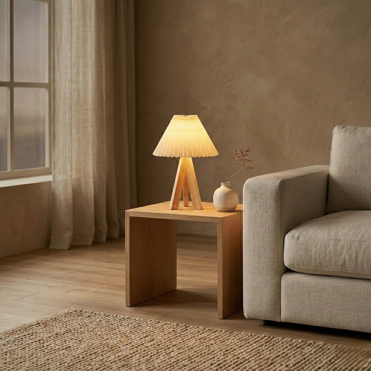 Table Lamp | Pleated Cone Shade & Wood Tripod Base | Compact