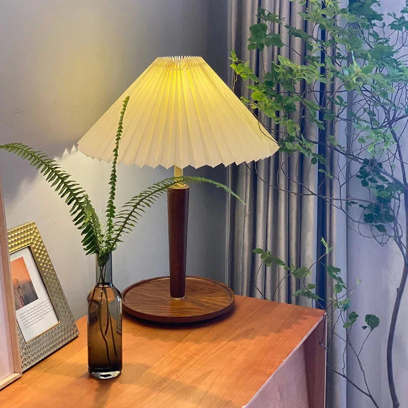 Table Lamp | Pleated Walnut Wood Shade & Brass Details | 36 cm Diameter