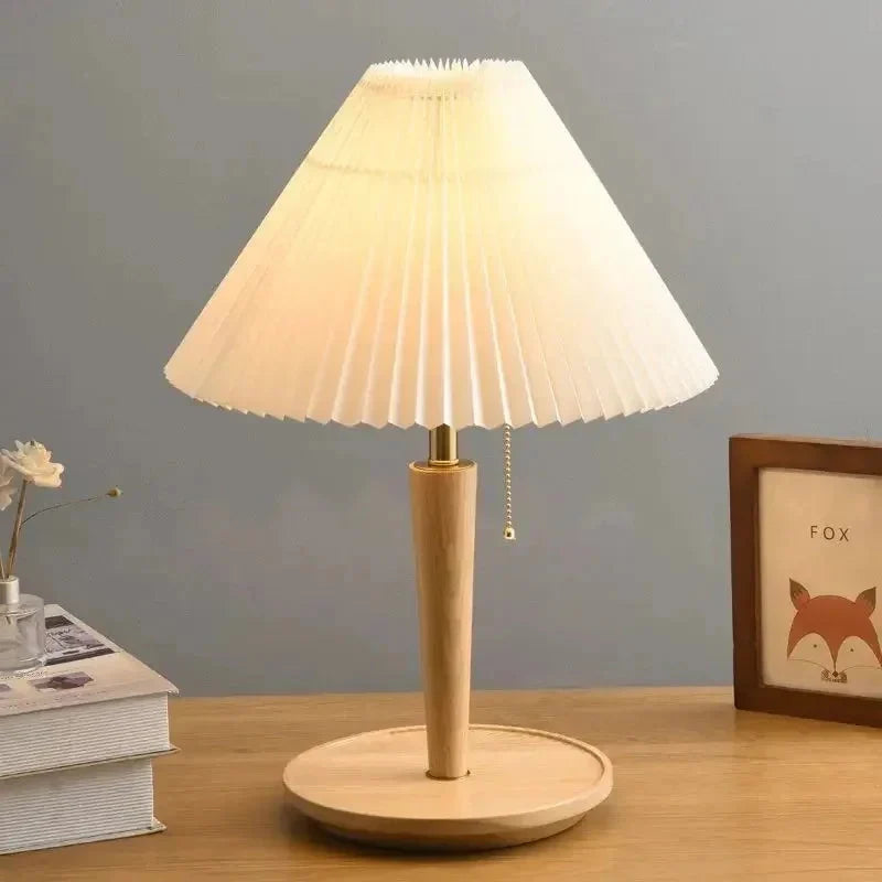 Table Lamp | Pleated Walnut Wood Shade & Brass Details | 36 cm Diameter