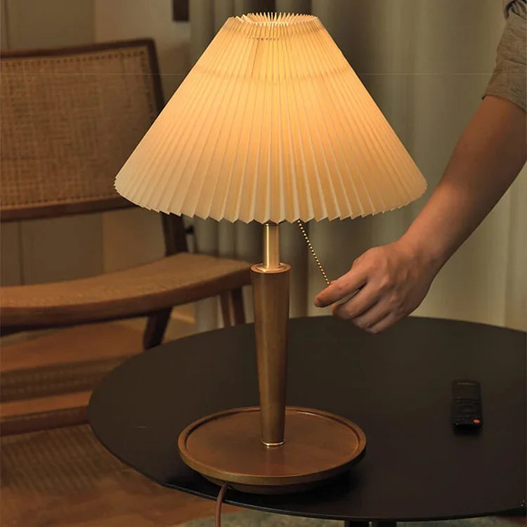 Table Lamp | Pleated Walnut Wood Shade & Brass Details | 36 cm Diameter
