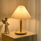 Table Lamp | Pleated Walnut Wood Shade & Brass Details | 36 cm Diameter