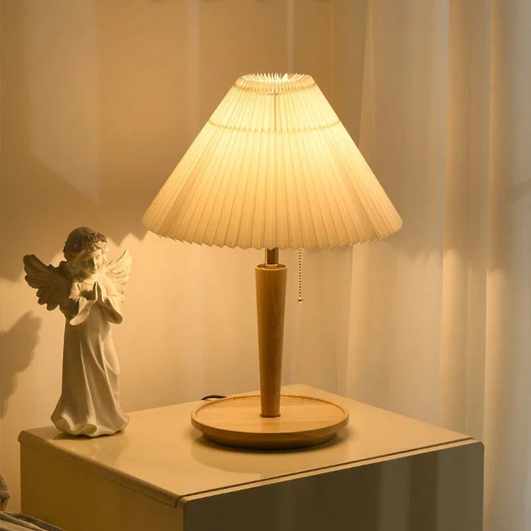 Table Lamp | Pleated Walnut Wood Shade & Brass Details | 36 cm Diameter