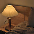 Table Lamp | Pleated Walnut Wood Shade & Brass Details | 36 cm Diameter