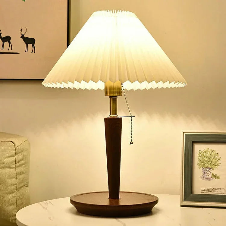 Table Lamp | Pleated Walnut Wood Shade & Brass Details | 36 cm Diameter