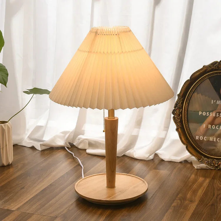 Table Lamp | Pleated Walnut Wood Shade & Brass Details | 36 cm Diameter
