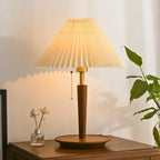 Table Lamp | Pleated Walnut Wood Shade & Brass Details | 36 cm Diameter