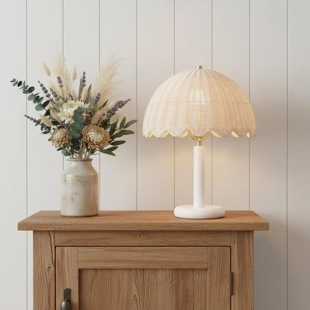 Table Lamp | Rattan Shade & Wood Base | Dimmer-Compatible
