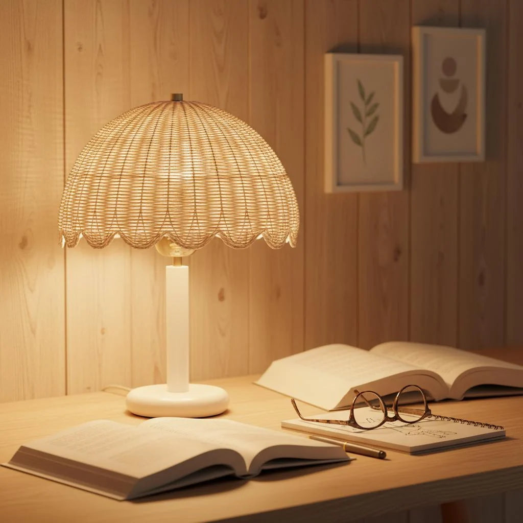 Table Lamp | Rattan Shade & Wood Base | Dimmer-Compatible