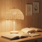 Table Lamp | Rattan Shade & Wood Base | Dimmer-Compatible