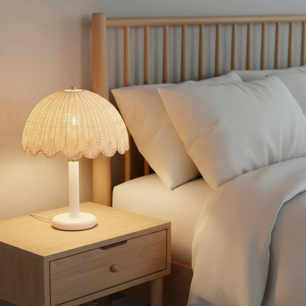Table Lamp | Rattan Shade & Wood Base | Dimmer-Compatible