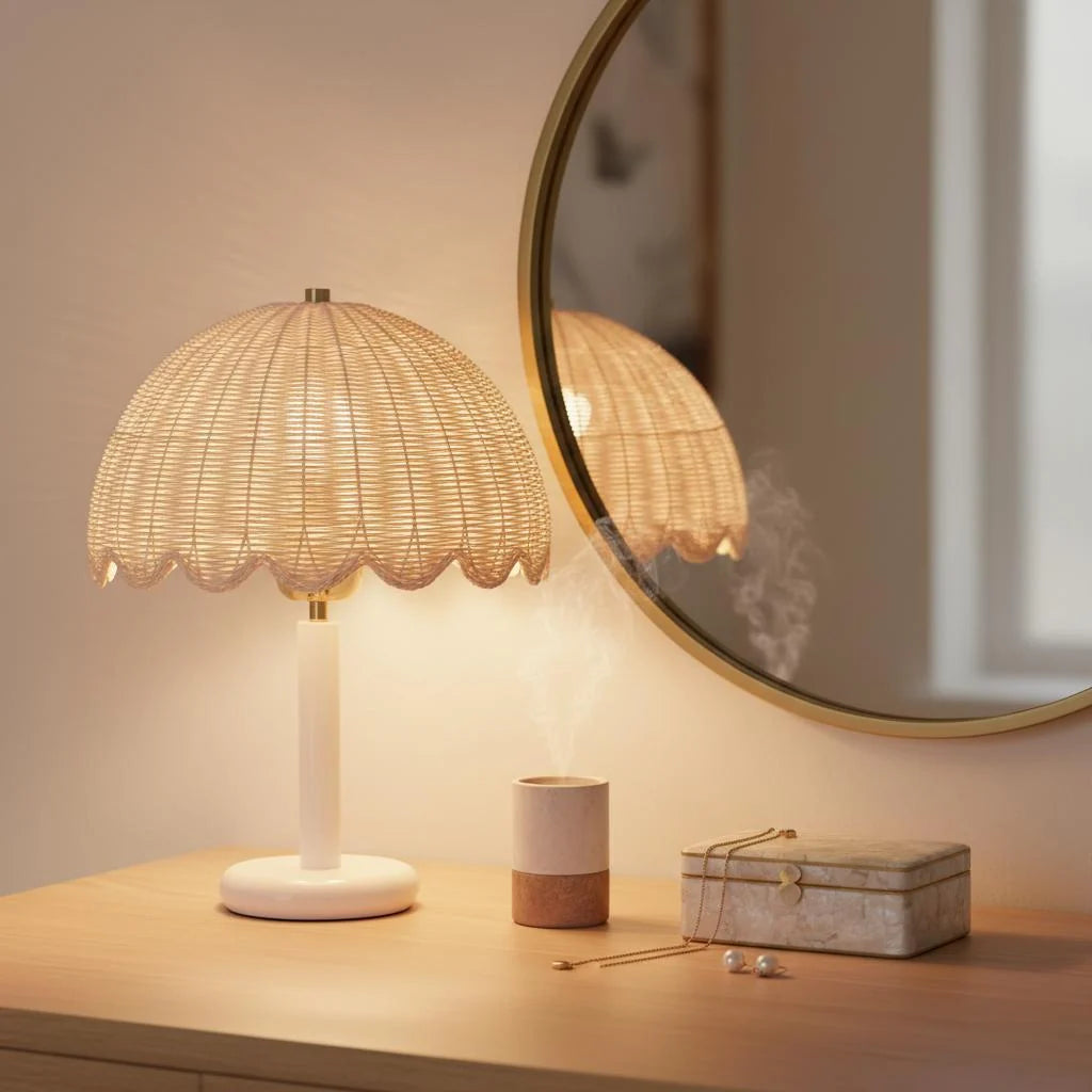 Table Lamp | Rattan Shade & Wood Base | Dimmer-Compatible