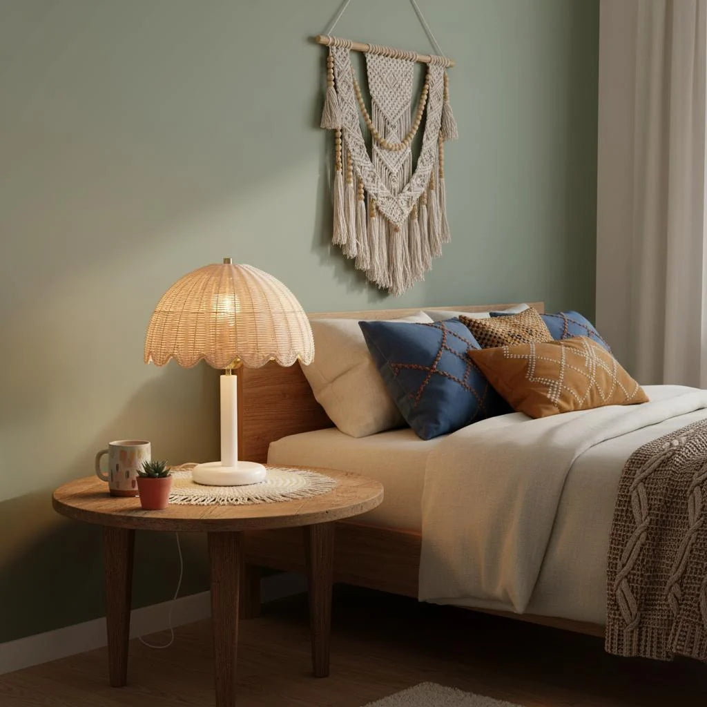 Table Lamp | Rattan Shade & Wood Base | Dimmer-Compatible