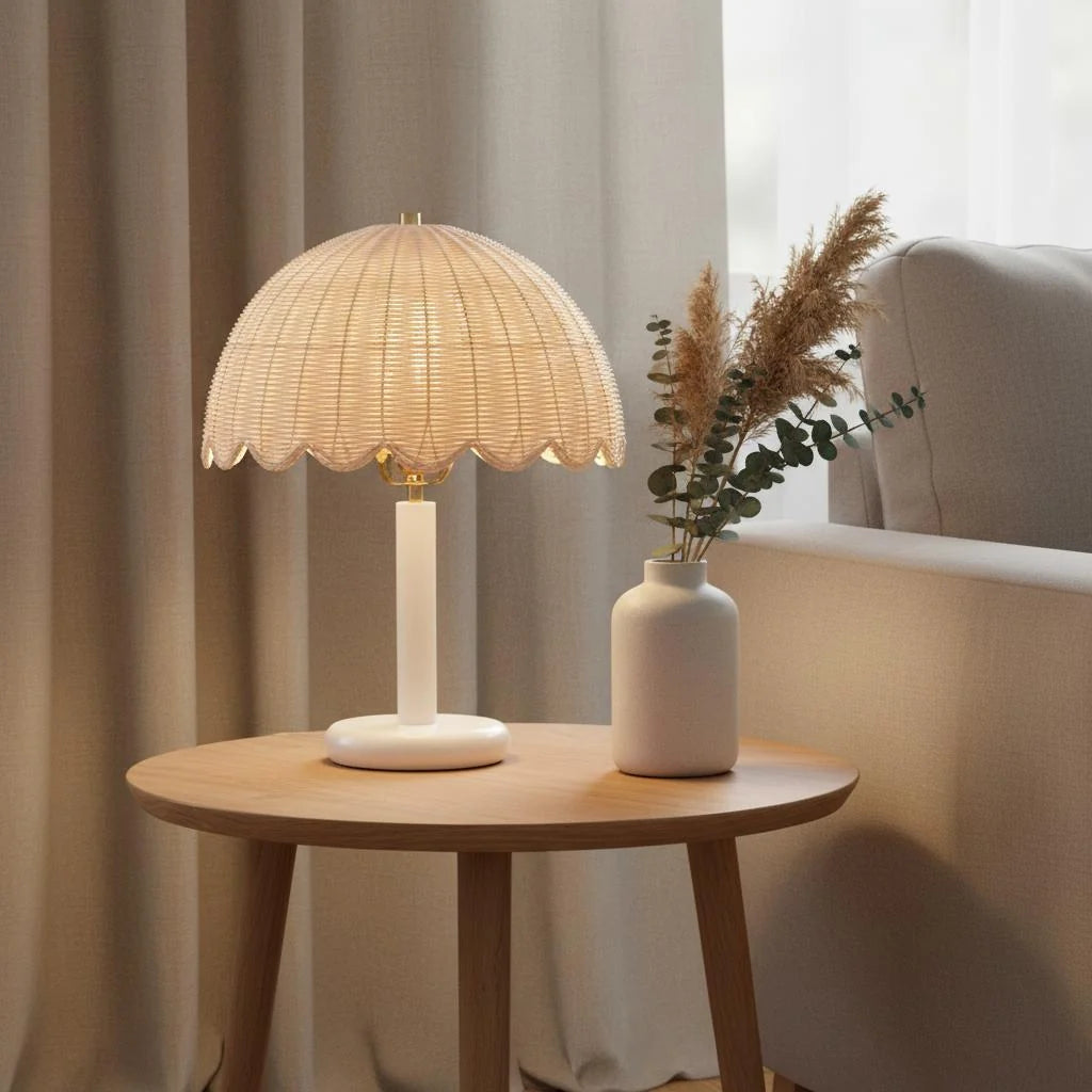 Table Lamp | Rattan Shade & Wood Base | Dimmer-Compatible
