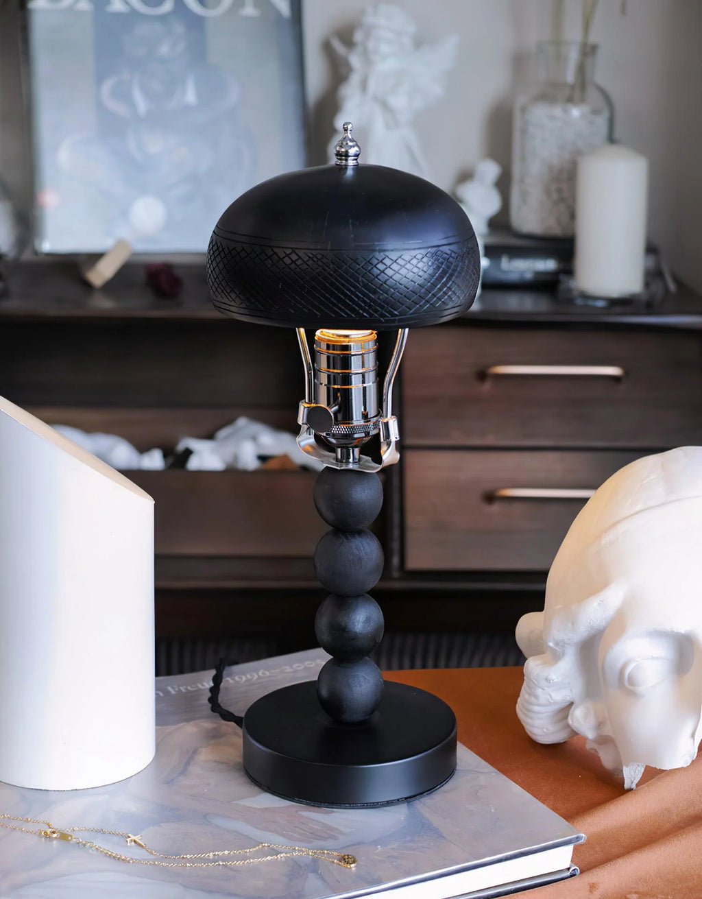 Table Lamp | Turned Wood Candlestick Design | Dimmable with Compatible Bulbs