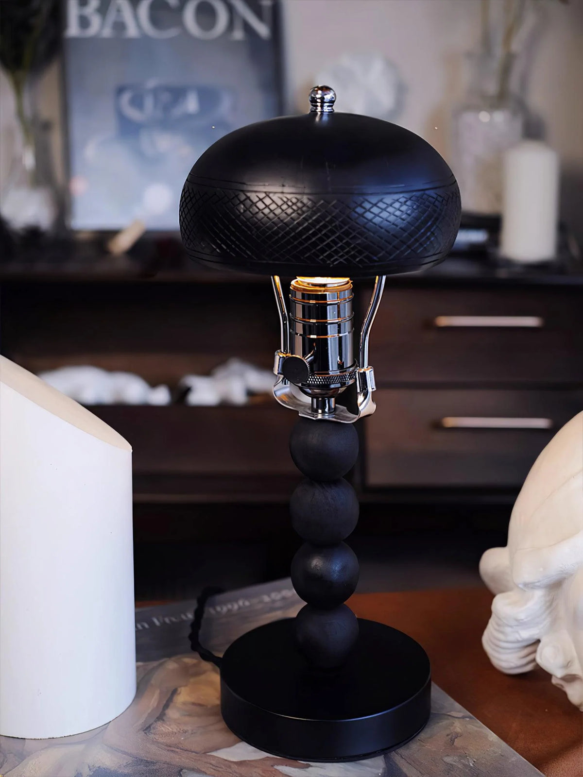 Table Lamp | Turned Wood Candlestick Design | Dimmable with Compatible Bulbs