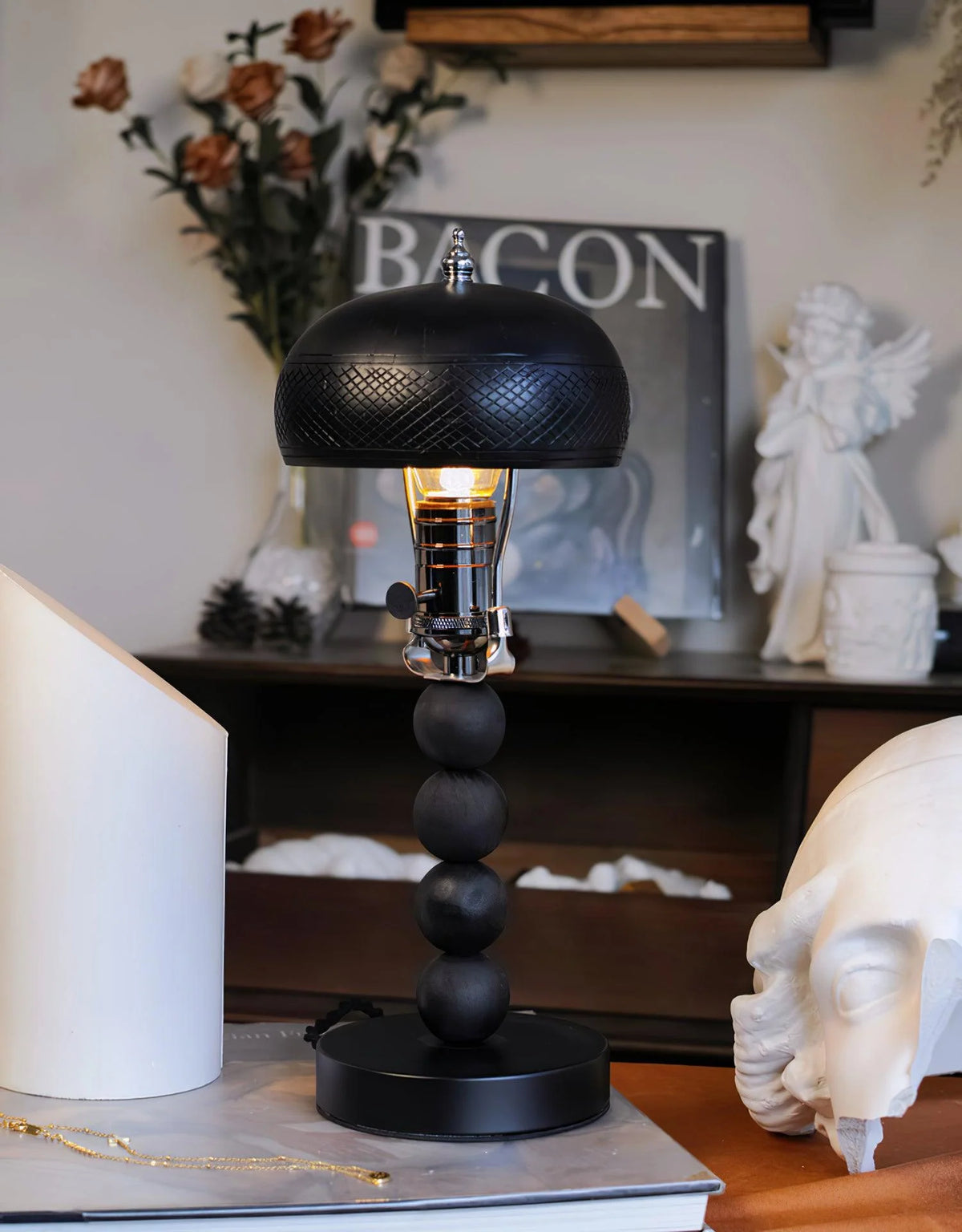 Table Lamp | Turned Wood Candlestick Design | Dimmable with Compatible Bulbs