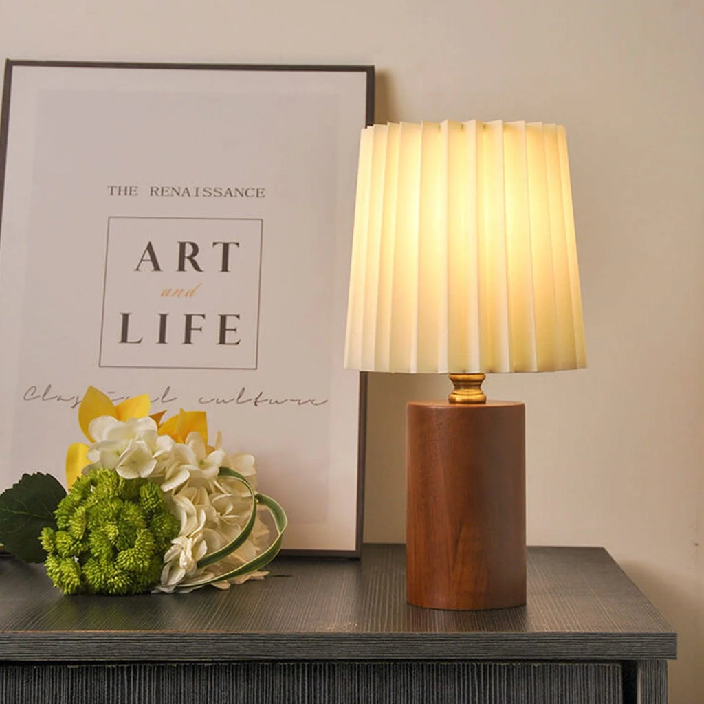 Table Lamp | Walnut Base & Pleated Fabric Shade | USB/Plug-In