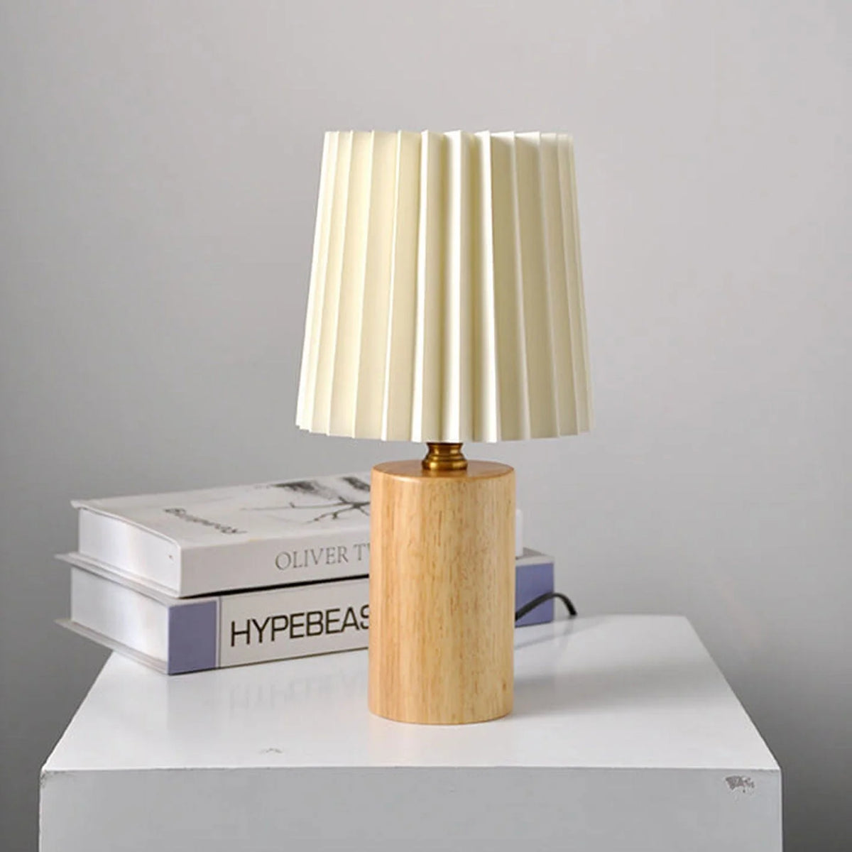 Table Lamp | Walnut Base & Pleated Fabric Shade | USB/Plug-In