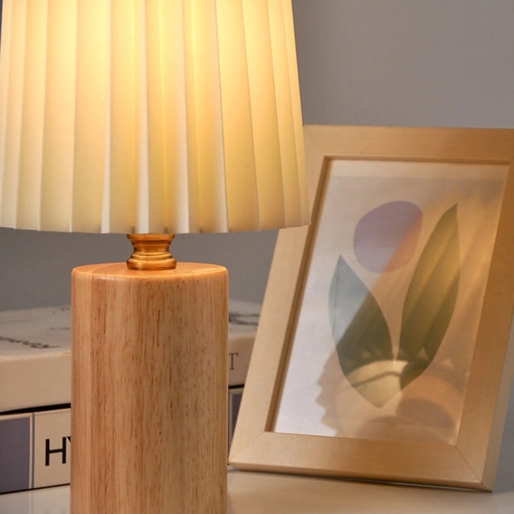 Table Lamp | Walnut Base & Pleated Fabric Shade | USB/Plug-In