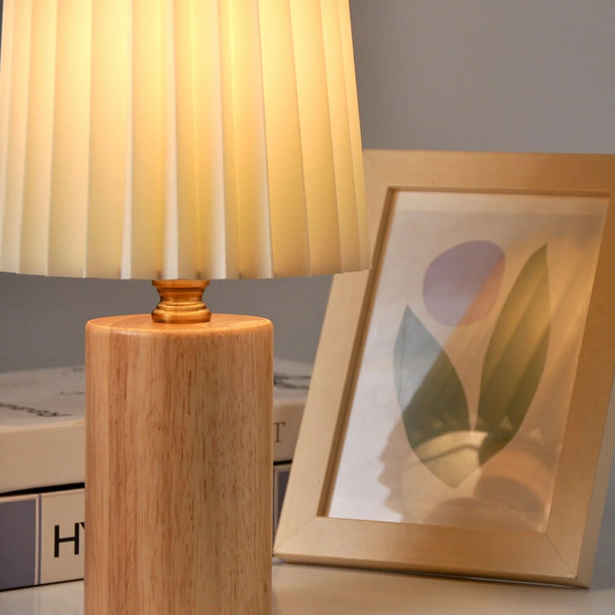 Table Lamp | Walnut Base & Pleated Fabric Shade | USB/Plug-In