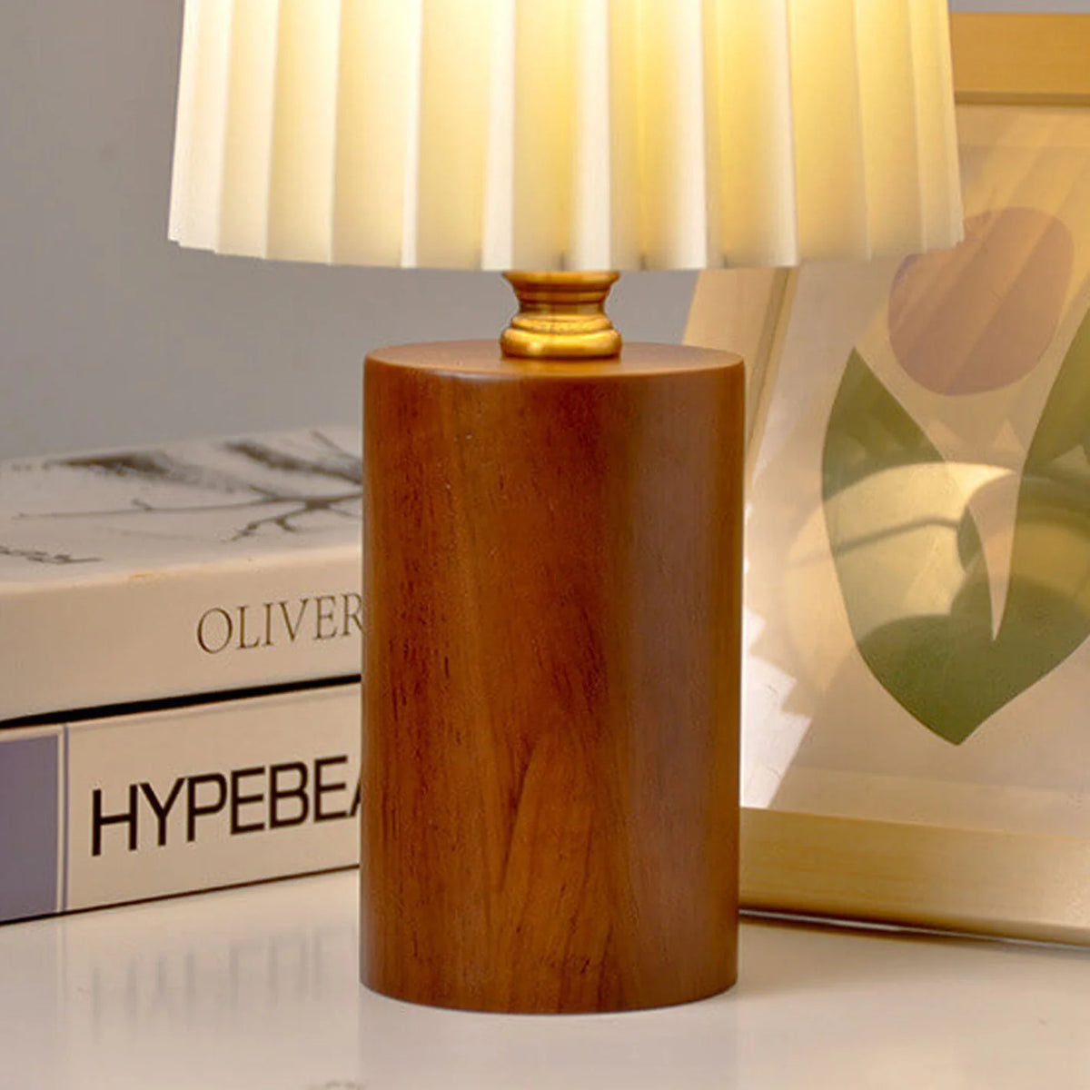 Table Lamp | Walnut Base & Pleated Fabric Shade | USB/Plug-In