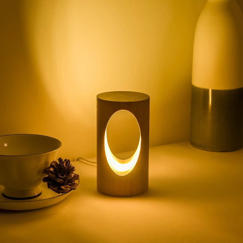 Table Lamp | Wooden Rectangular Pillar | Integrated LED & USB Powered