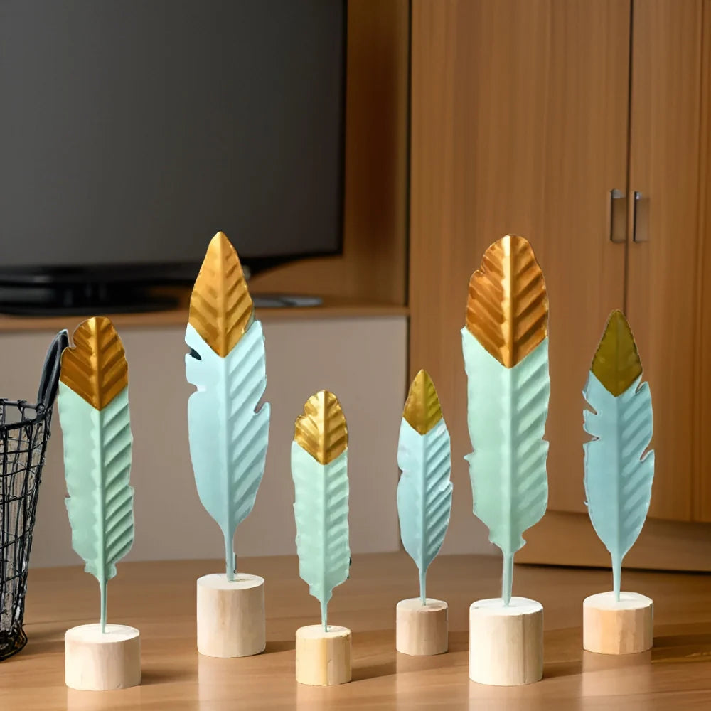 Table Ornament | Feather & Leaf Design Wood & Iron
