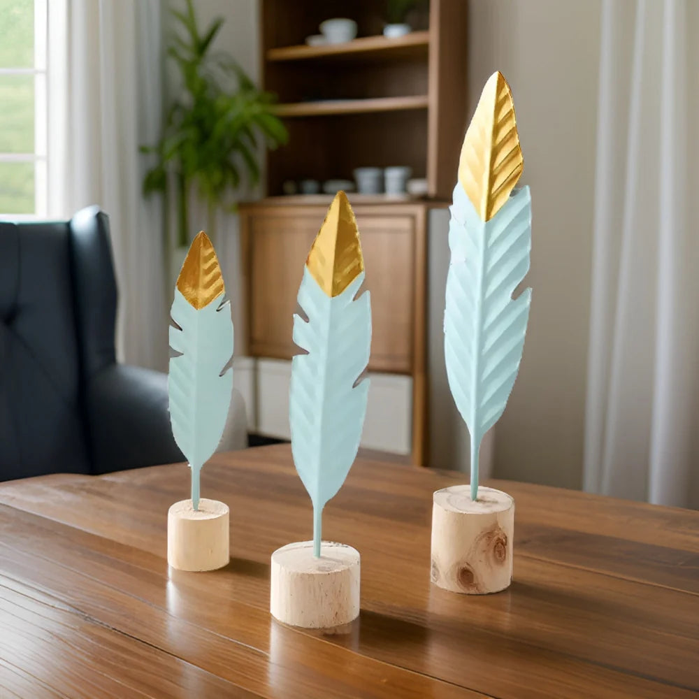 Table Ornament | Feather & Leaf Design Wood & Iron