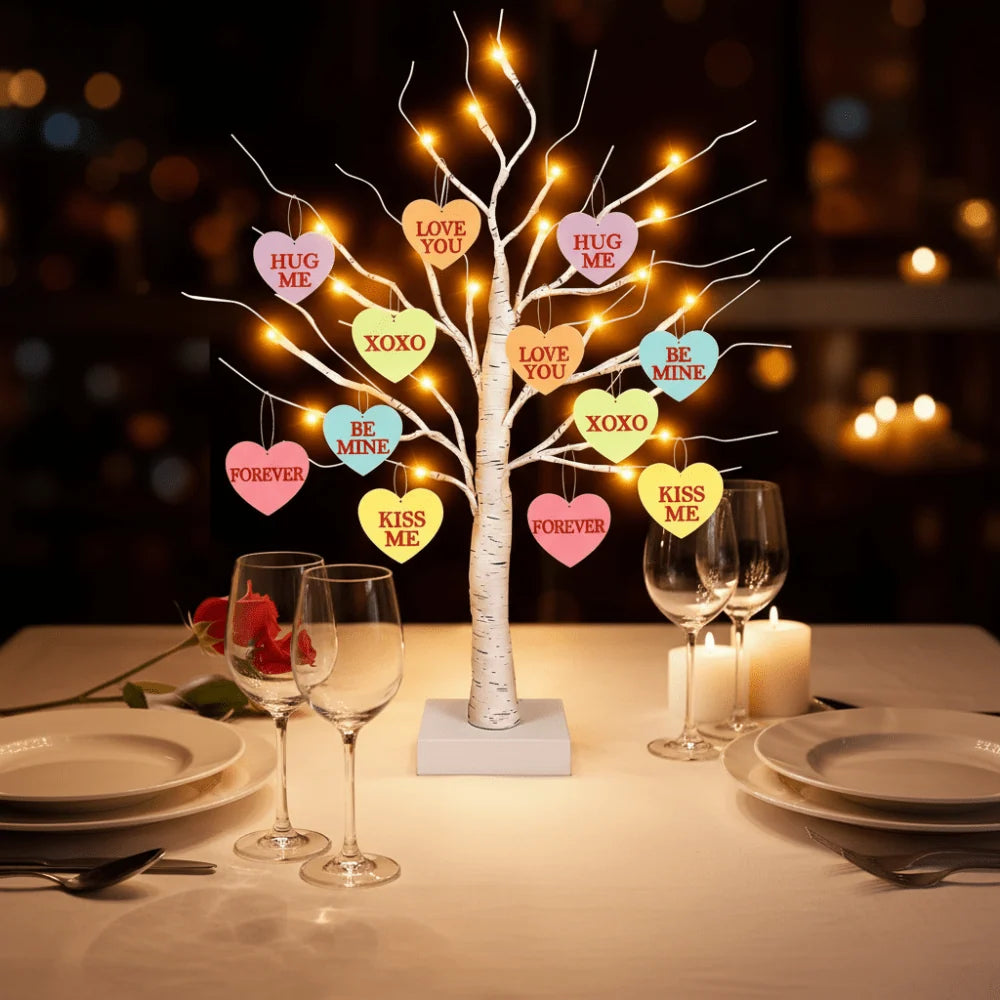 Tabletop Tree | Warm LED Lights & Automatic Timer | 12 Wooden Heart Ornaments
