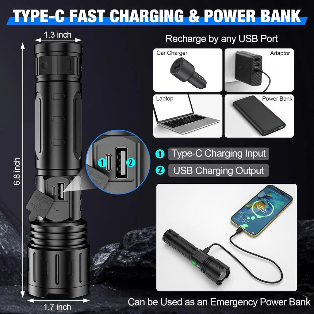 Tactical Flashlight | 100,000 Lumens & Power Bank