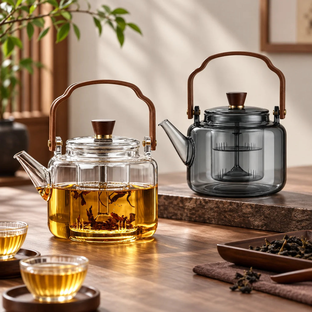 Teapot | Heat-Resistant Borosilicate, Wooden Handle & Built-In Infuser | 40.5 fl oz