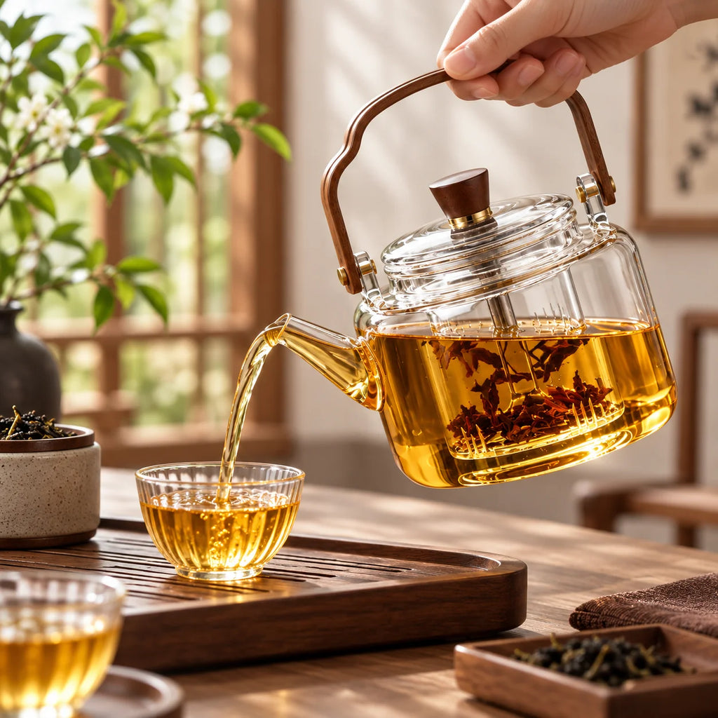 Teapot | Heat-Resistant Borosilicate, Wooden Handle & Built-In Infuser | 40.5 fl oz