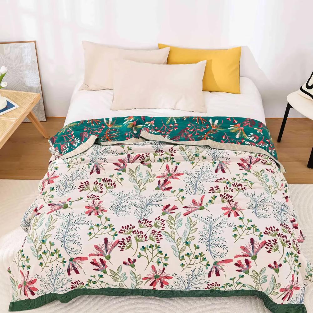 Throw Blanket | 100% Organic Cotton & 4-Layer Gauze | Wildflower Print
