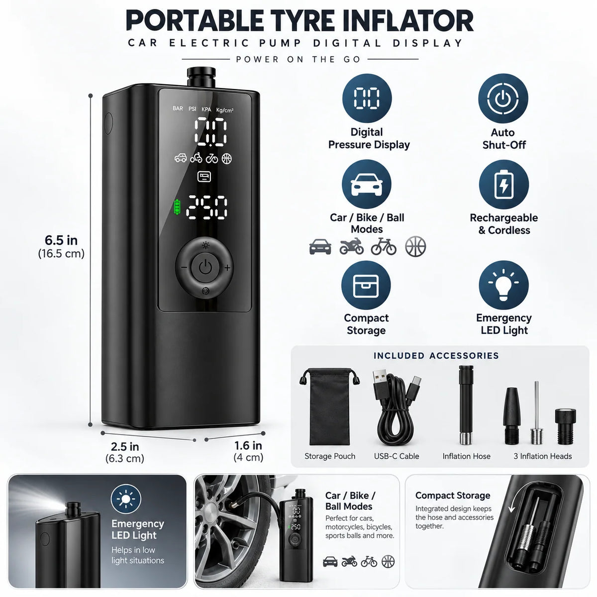 Tire Inflator | Digital Display & Automatic Shut-Off | Rechargeable Cordless