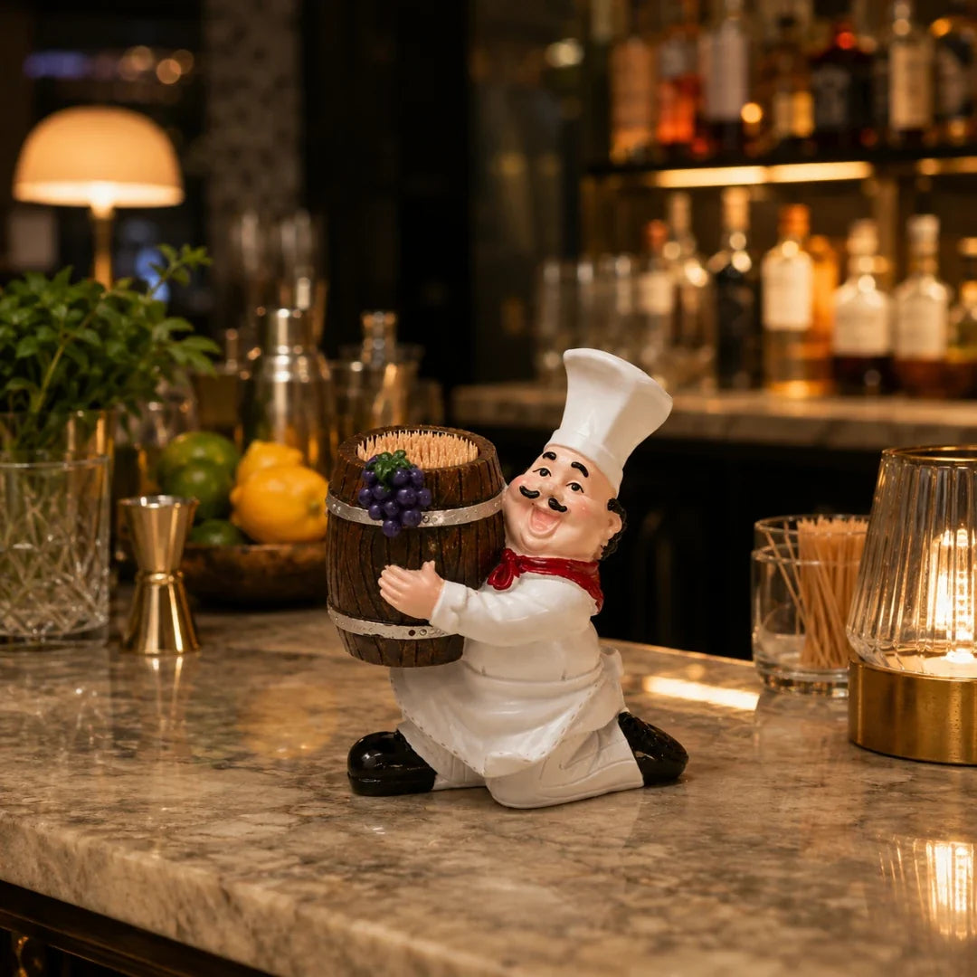 Toothpick Holder | Resin Wine Barrel Chef Figurine