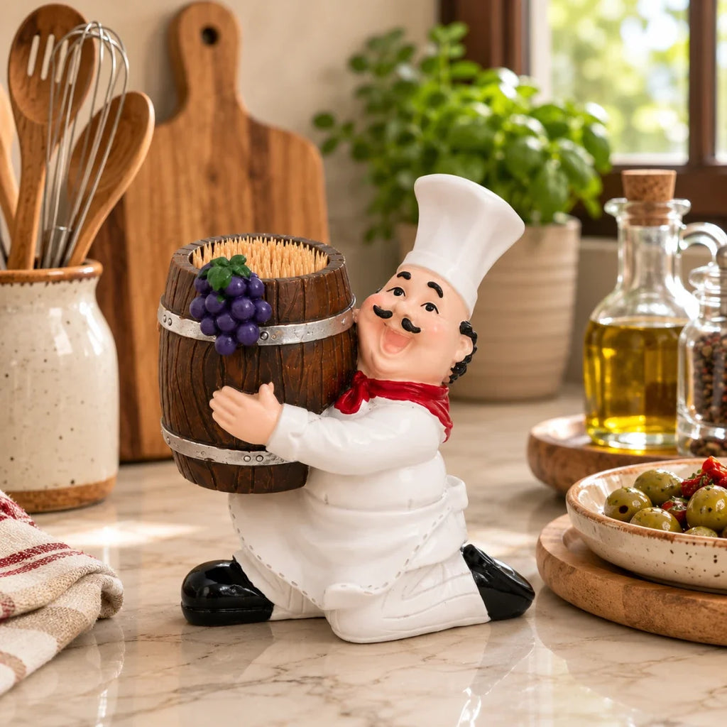 Toothpick Holder | Resin Wine Barrel Chef Figurine