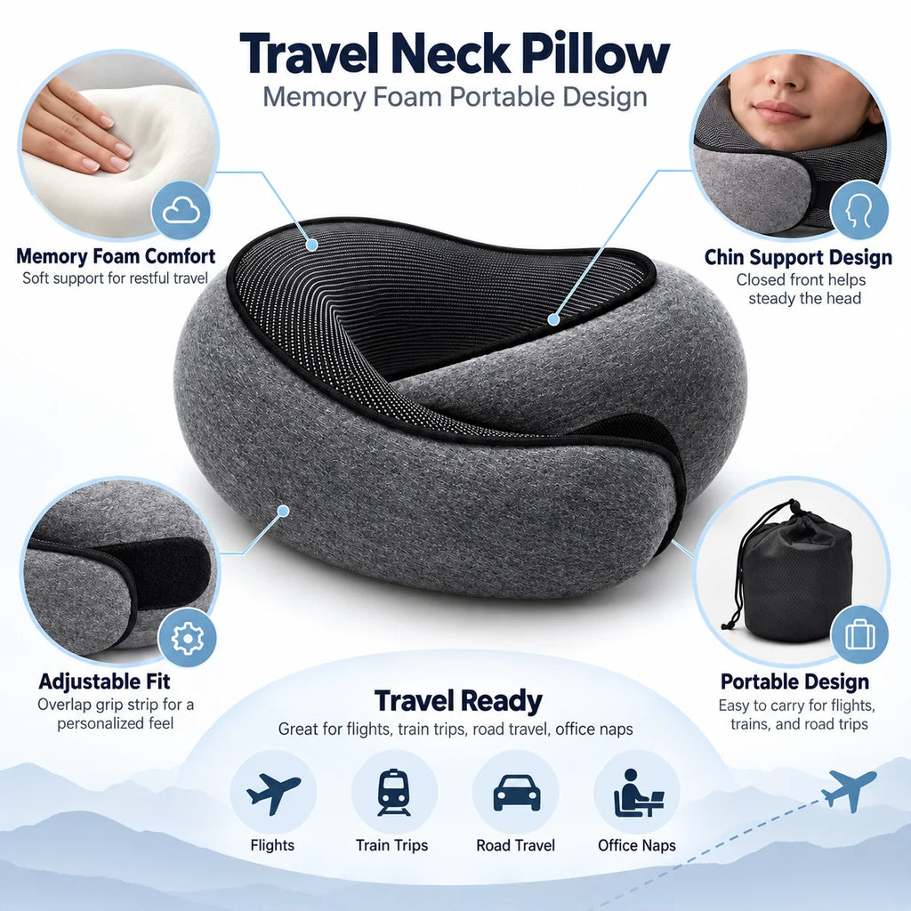 Travel Neck Pillow | Memory Foam & Closed-Front | Adjustable Grip-Strip