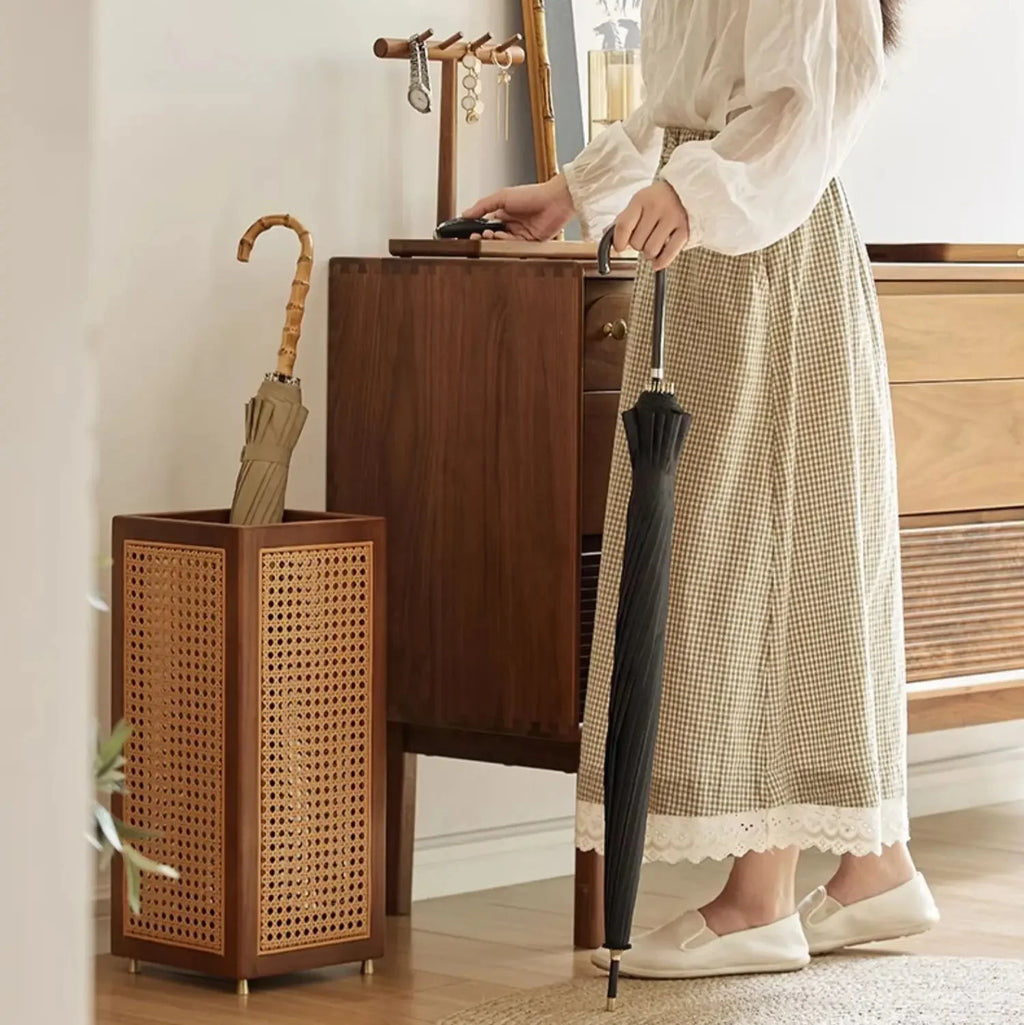 Umbrella Stand | Rubberwood Frame & Rattan Weave | 20 In Height